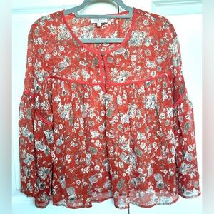 Lucky Brand Red and Orange Bell Sleeve Blouse